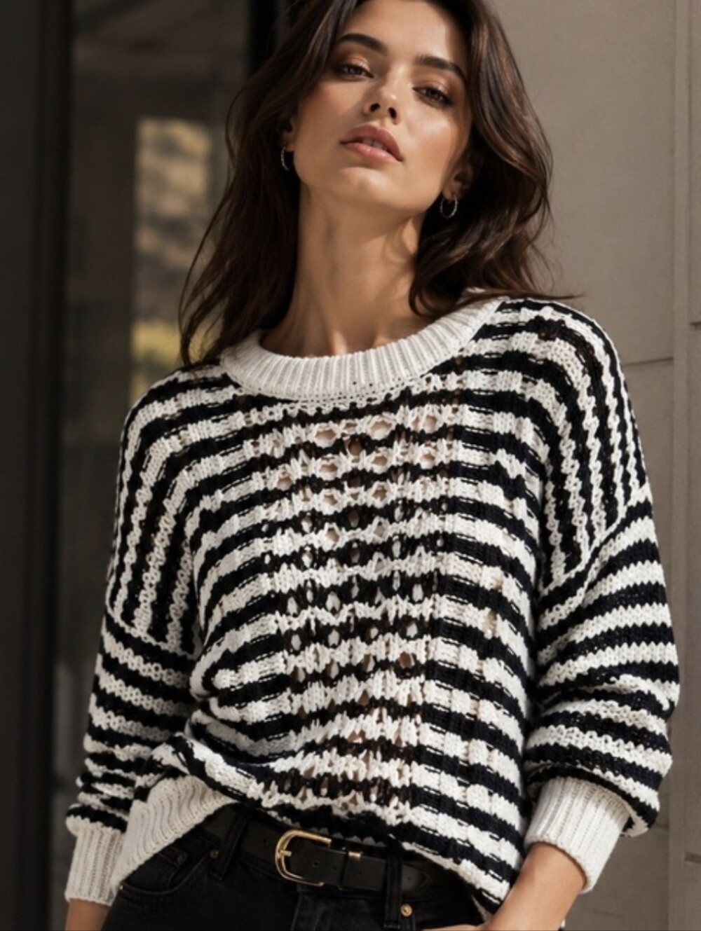 Pinko Black and White Striped Open-Knit Crew Sweater